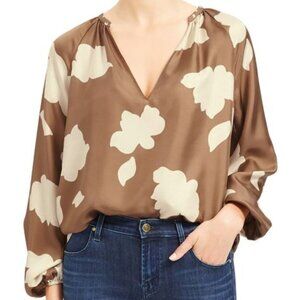 Theory Floral Print Silk Top Camel Sz S